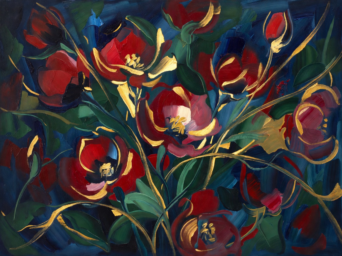 Abstract floral oil painting with striking gold highlights