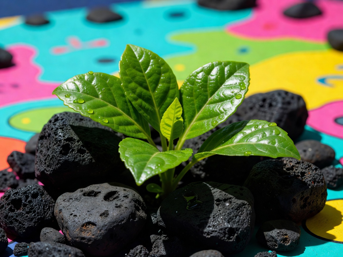 Beautiful fresh green leaves popping through deep black volcanic stones inside a bright cartoon-tinted background