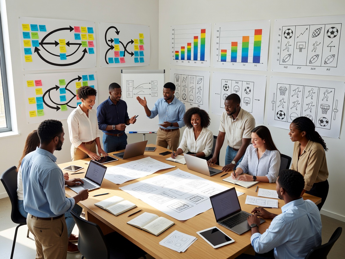 Collaborative design sprint workshop with charts and boards for casual interactive sports slots