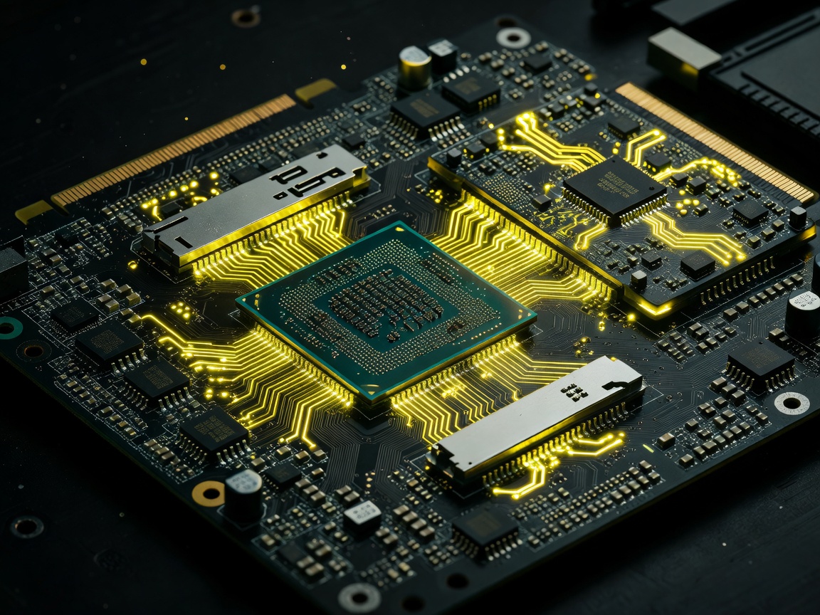Detailed computer processor and graphics hardware glowing with dynamic yellow highlights