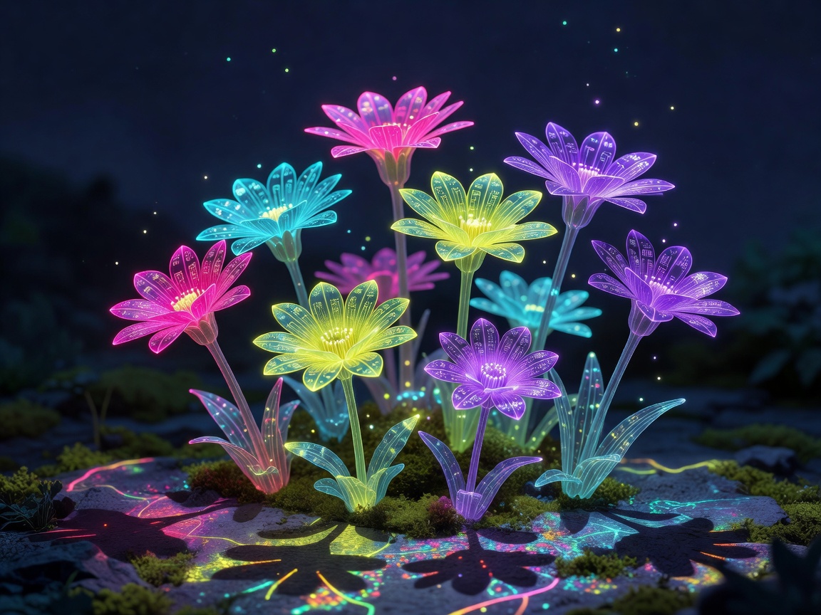 Exotic night-blooming digital flora in glowing cartoon colors