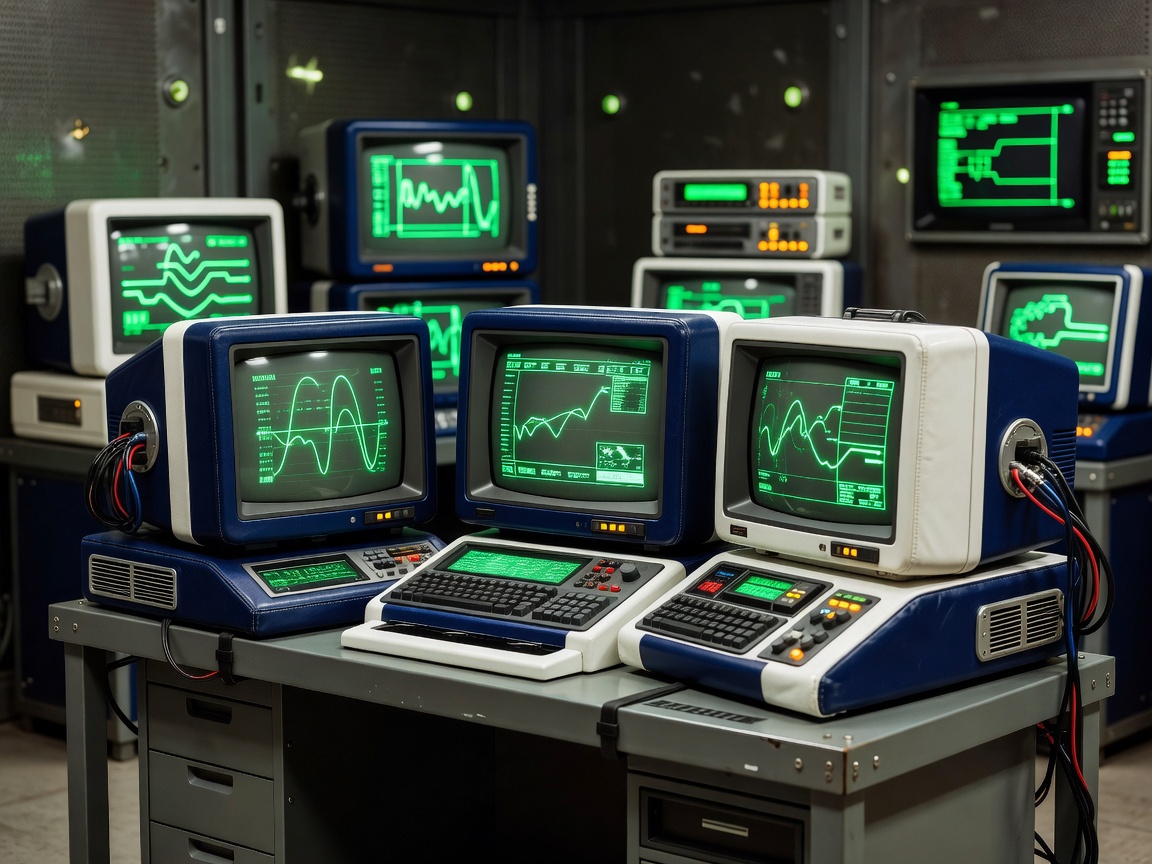 Futuristic retro technology setup with glowing green monitors in athletic sports team style