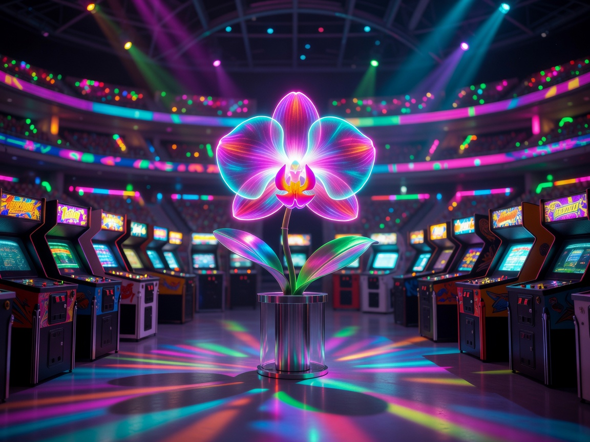 Vibrant neon orchid thriving inside a glowing arcade stadium arena setting